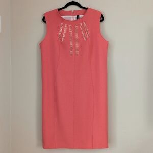 Marc Cain N6 Wool Cashmere Dress Coral Pink Studded Sleeveless Shift Size 14 US